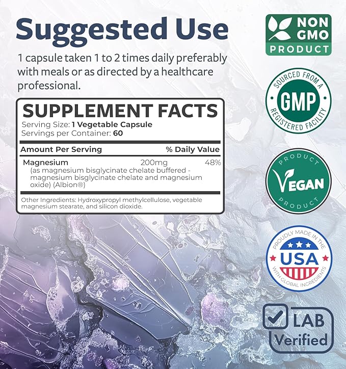 High Absorption Magnesium Bisglycinate Capsules - Clinically Validated Buffered and Chelated Magnesium Supplement - 1 Daily Vegan Capsule with Lab Verified Gentle 200mg Serving (2 Month Supply)