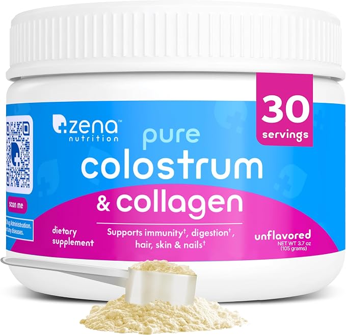 Zena Nutrition Pure Bovine Colostrum & Collagen Powder Supplement for Gut Health, Immune Support, Digestion, Hair, Skin & Nails, Unflavored, Gluten & Sugar Free, 30 Servings
