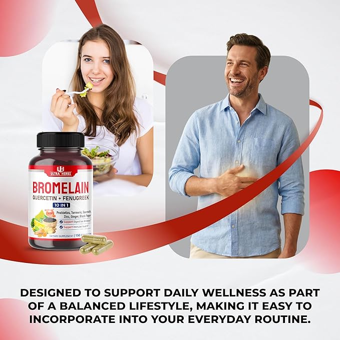 Bromelain Supplement with Quercetin, Zinc, Fenugreek, Turmeric, Ginger, Black Pepper & Probiotics - Supports Digestion, Joint Health & Nutrient Absorption | 150 Capsules