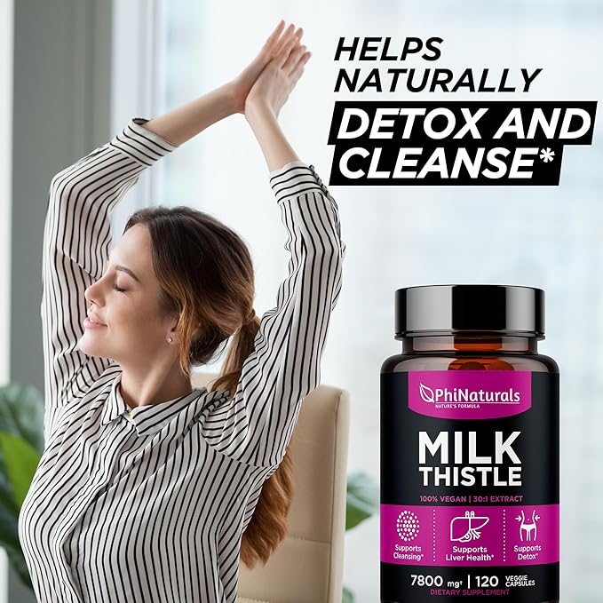 PhiNaturals Milk Thistle Extract Capsules Supplement Liver Detox 260mg Silymarin 30:1 Extract Equivalent to 7800mg Milk Thistle Seeds Liver Detox Silimarina