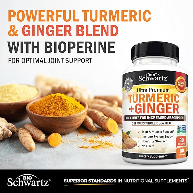 Turmeric Curcumin and Ginger Supplement - 95% Standardized Curcuminoids with BioPerine Black Pepper Extract for Ultra High Absorption - Natural Joint Support Supplement - Gluten-Free - 60 Capsules