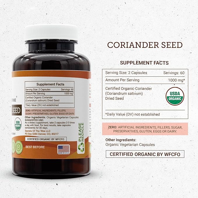 Secrets of the Tribe Coriander Seed 120 Capsules, Made with Vegetable Capsules and USDA Organic Coriander Dried Seed (120 Capsules)