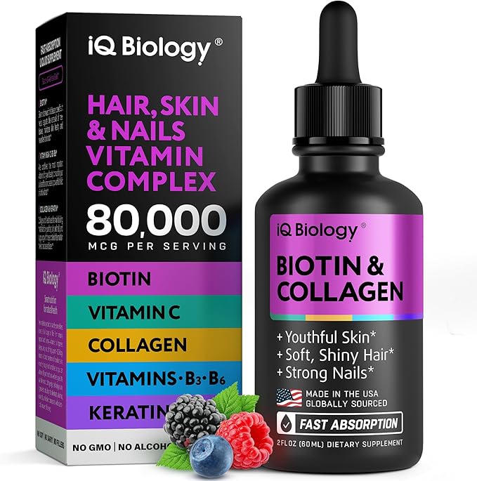 Liquid Biotin for Hair Growth, Skin & Nails - 80,000 mcg Hair Vitamins Drops - Extra Strength Biotin 5000mcg, Collagen, Keratin with Hyaluronic Acid - Multivitamin Supplement for Women & Men - 2 fl oz