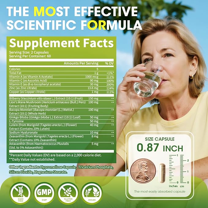 Eye + Brain Supplements for Memory and Focus, Lutein 40mg, Zeaxanthin, Astaxanthin, Bilberry, Lion’s Mane, Bacopa Monnieri, Ginkgo Biloba, 14 in 1 Eye Vitamins for Adults & Seniors 120 Capsules