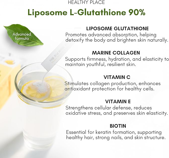 HEALTHY PLACE Double Toning White Liposome Glutathione Korean Beauty Supplement – Liposomal L-Glutathione, Vitamin C 500 mg, Vitamin E, Biotin & Fish Collagen 500 mg, Lime-Lemon Flavor – 30 Packets