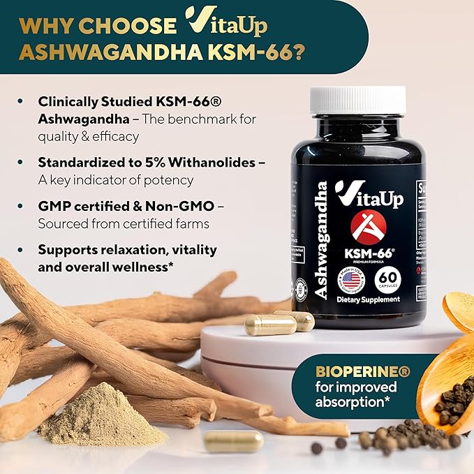 Ashwagandha KSM 66 with Black Pepper - USA Made KSM-66 Ashwagandha Supplements for Energy, Relaxation and Normal Cognitive Function - 60 Caps