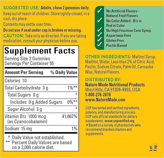 Nature Made Zero Sugar Energy Vitamin B12 Gummies 1000 mcg per Serving, B12 Vitamin, Energy Metabolism Support, Aspartame Free, 110 Sugar Free Gummies, 55 Day Supply