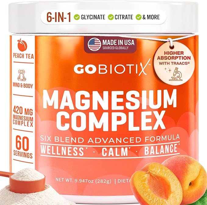GoBiotix Magnesium Glycinate Powder – Cortisol Supplements for Women and Men – High Absorption Magnesium Complex Calm Supplement with Citrate, Malate – Sugar Free – 420 mg, 60 Servings - Peach Tea