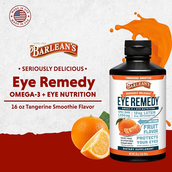 Barlean's Eye Remedy Supplement, Tangerine Flavored Fish Oil Liquid with Lutein, Astaxanthin and Zeaxanthin,1,000mg Omega 3 EPA DHA, Eye Care Supplements, 16 oz