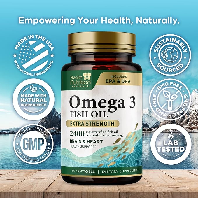 Omega 3 Fish Oil Supplements - 2400mg Fish Oil Per Serving - Triple Strength Omega-3 with EPA & DHA Fatty Acids - Natural Heart, Brain & Immune Support - Wild Caught, Bottled in USA - 60 Softgels