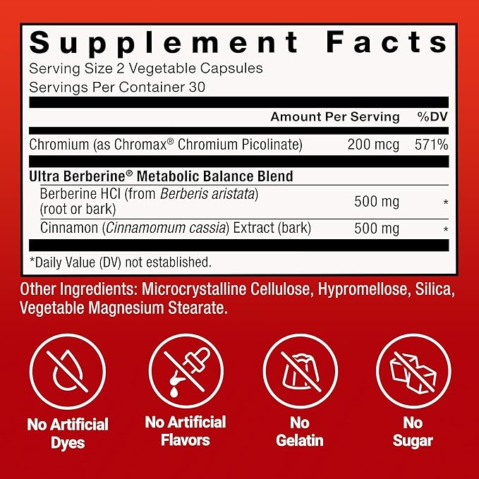 FORCE FACTOR Ultra Berberine, Berberine Supplement with 500mg Berberine HCl Plus Chromium & Cinnamon Bark Extract to Support Metabolism & Daily Wellness, Non-GMO, Gluten Free, 60 Vegetable Capsules