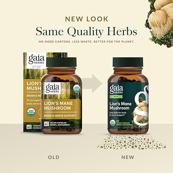 Gaia Herbs Lion's Mane Mushroom - Brain Health Support* - 40 Vegan Capsules (40 Servings)