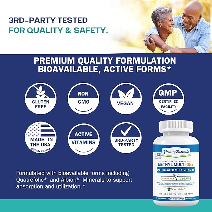 Power By Naturals Methyl Multi One – Iron-Free Methylated Multivitamin with 5-MTHF, Methyl B12 & CoQ10 – Methylation Support for Men & Women – Vegan, Non-GMO – 60 Capsules (2-Month Supply)
