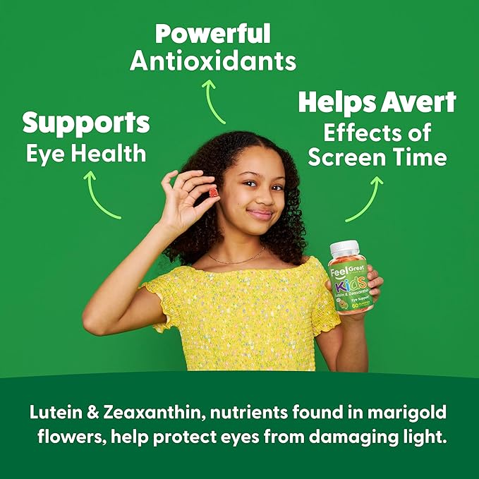 Feel Great Kids Gummy Vitamins for Eyes | Essential Eye Vitamins Lutein and Zeaxanthin | Mango Flavored Vegan Eye Vitamins for Kids | Gluten Free | 60 Day Supply