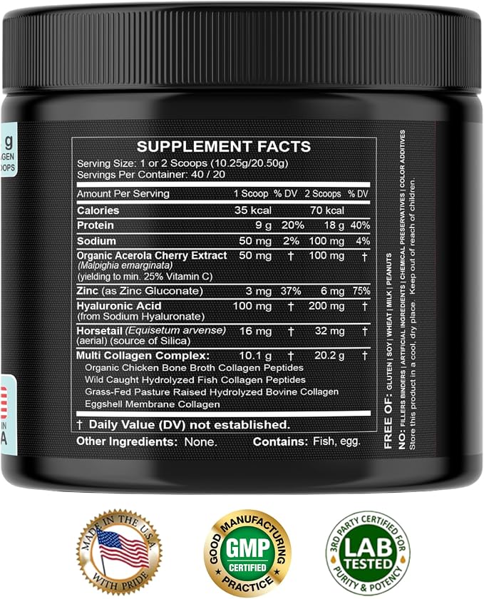 Collagen Peptides Powder with Vitamin C & Hyaluronic Acid - from Organic Cleanest Sources & Super High Absorption - Hydrolyzed Multi Type I, II, III, V, X - Skin Hair Supplement Made in USA