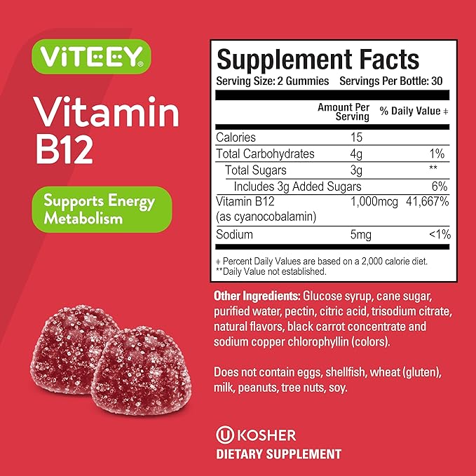 Viteey Vitamin B12 Gummies - Cognitive Support and Energy Gummies - Vegan, Gelatin Free, Gluten Free - 60 Count