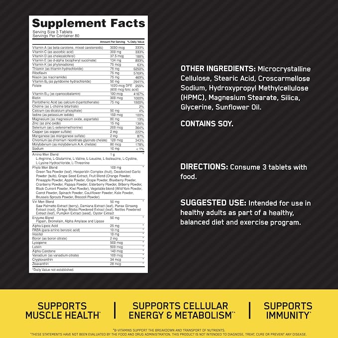 Optimum Nutrition Opti-Men Daily Multivitamin for Men, Immune Support Supplement with Amino Acids, 80 Day Supply, 240 Count, (Packaging May Vary)