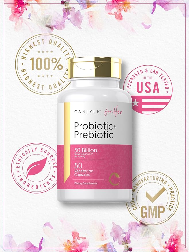 Carlyle Probiotic and Prebiotic for Women | 50 Billion Active Organisms Per Serving | 50 Capsules | with Organic Inulin | Vegetarian Supplement for Women