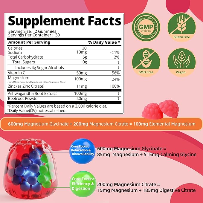 Magnesium Glycinate Gummies, Sugar Free Magnesium Supplement w/Ashwagandha, Zinc, Vegan Magnesium Glycinate Supplement for Adults - 120 Strawberry Gummies