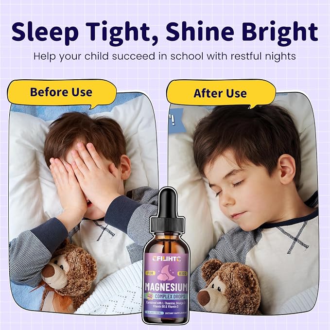 Kids Magnesium Liquid Drops-Magnesium Glycinate Liquid for Kids Supplement-w/L-theanine, Omega-3, Vitamin B6, D3 - for Sleep, Relaxation, Brain, Bones - Grape Flavor, 2 Fl Oz