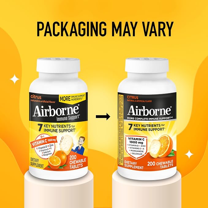 Airborne Citrus Chewable Tablets, 200ct | Immune Support Supplement with 1000mg Vitamin C + Vitamins A, D, E, Zinc,Selenium, & Manganese | Herbal Blend | Gluten Free