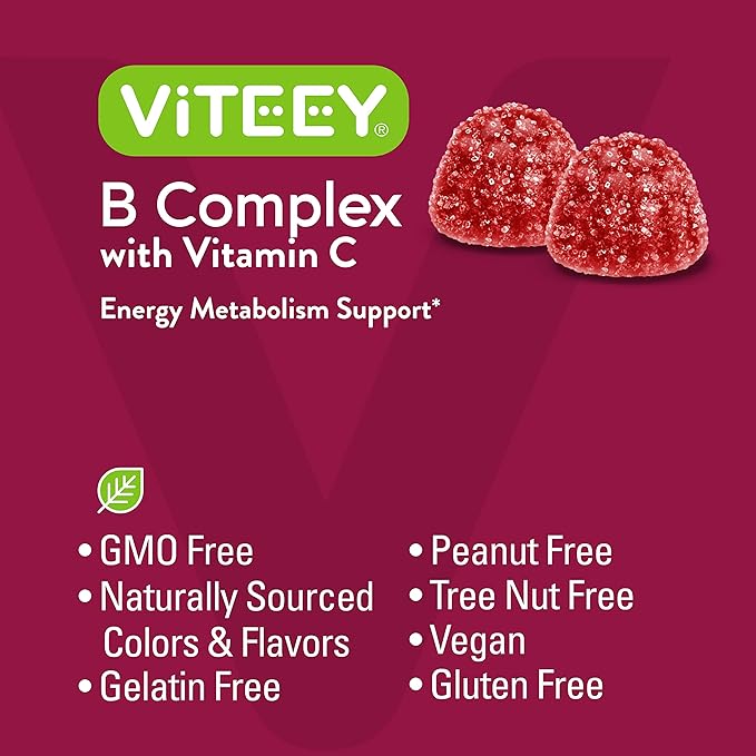 Viteey Vitamin B Complex Gummies with Vitamin C - Energy, Metabolism & Immune Support - B6, B12, Niacin, Folic Acid, Biotin, Calcium - Vegan, Gluten-Free - 60 Count