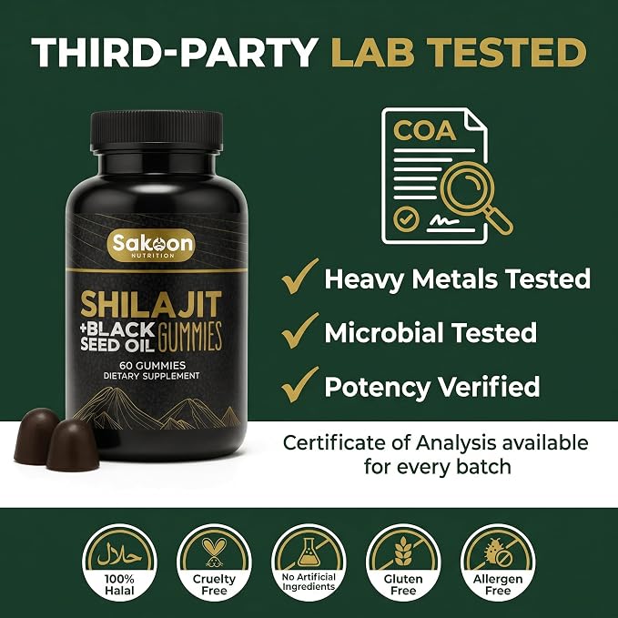 Pure Shilajit Gummies for Men & Women, Shilajit with Black Seed Oil, High Potency Pure Himalayan Resin for Energy, Immune Support, and Cognitive Function, Lab Tested Chewables