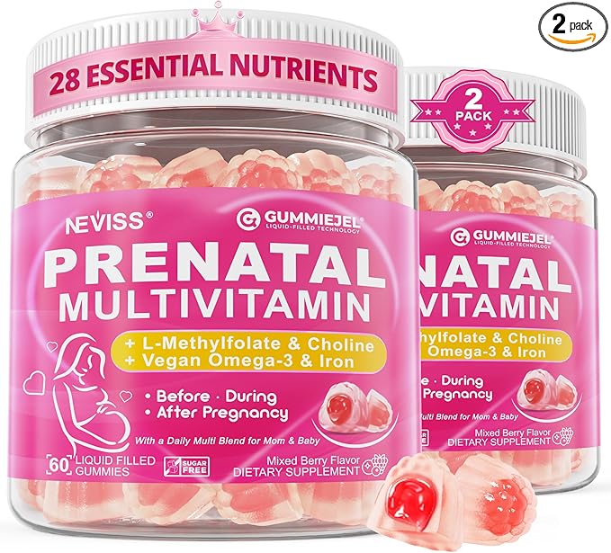 Prenatal Multivitamin Gummy for Women w/Methylfolate 1mg, Iron Choline Omega-3(DHA+EPA), Prenatal Vitamins for Women Gummies, Postnatal Vitamins | Before,During & After Pregnancy, Sugar Free,120Cts