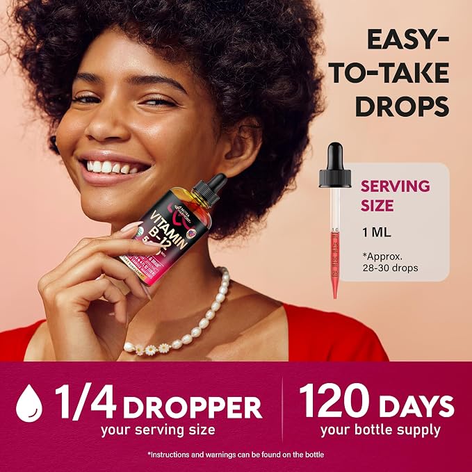 USDA Organic Vitamin B12 Sublingual Drops - 5000 mcg Liquid Vegan Methylcobalamin for Women & Men - Energy Boost, Focus & Mood, Brain Health Support - Maximize Absorption - 4 Month Supply, 4 fl oz