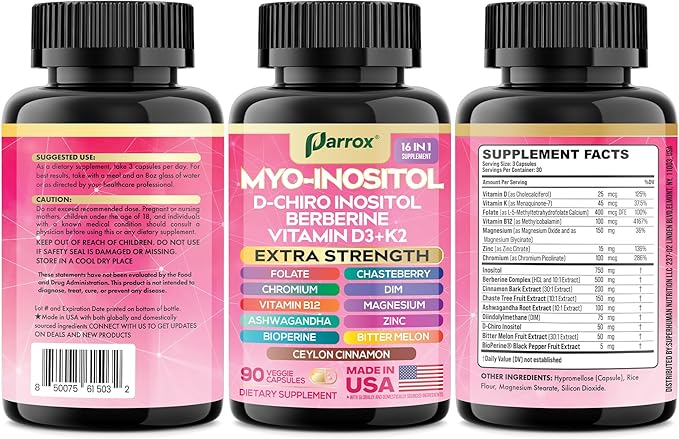 Myo-Inositol Supplement with D-Chiro Inositol, DIM, Berberine, Vitamin D3 + K2, Methylated B12, Chromium, Ceylon Cinnamon, Zinc, Ashwagandha, Chasteberry, Magnesium, Bioperine, Bitter Melon (3 Pack)