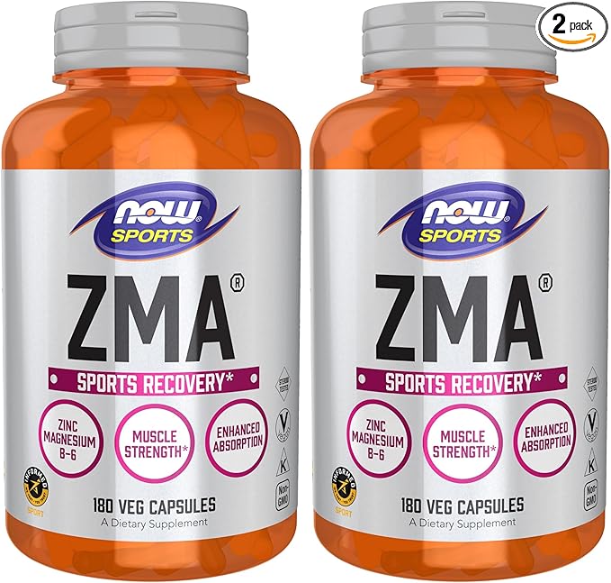 NOW Foods Sports Nutrition, ZMA (Zinc, Magnesium and Vitamin B-6), Enhanced Absorption, Sports Recovery*, 180 Capsules, (Pack of 2)