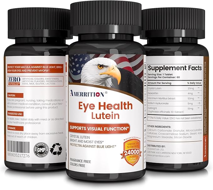 Advanced Lutein Eye Health Supplement - Enhanced with Zeaxanthin, Supports Vision & Eye Health - Non-GMO & Gluten Free - Natural Eye Vitamin Tablets - 60ct