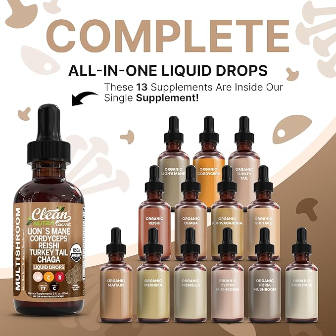 Mushroom Supplement Liquid Drops with Lions Mane Turkey Tail Cordyceps Reishi Chaga Shitake Maitake Tremella Oyster Mushrooms Poria Supplement and Enokitake Mushrooms Complex Blend By Clean Nutra