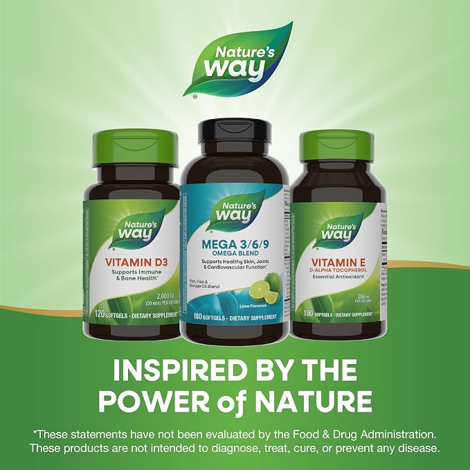 Nature’s Way Mega 3/6/9 Omega Blend, Supports Healthy Skin, Joints, Cardiovascular Function*, Fish, Flax, Borage Oil, 180 Lime Flavored Softgels (Packaging May Vary)