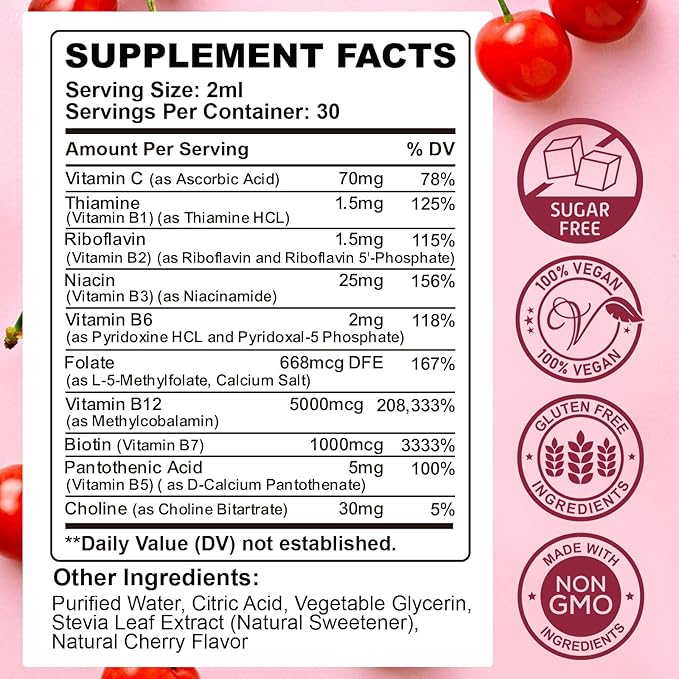 CFILIHTC (2 Pack) Vitamin B Complex Liquid Drops, B Vitamins Complex Supplement with B1, B2, B3, B5 B6, B7, B9 & Methyl B12 Drops for Adults & Kids, Vegan, Cherry Flavor