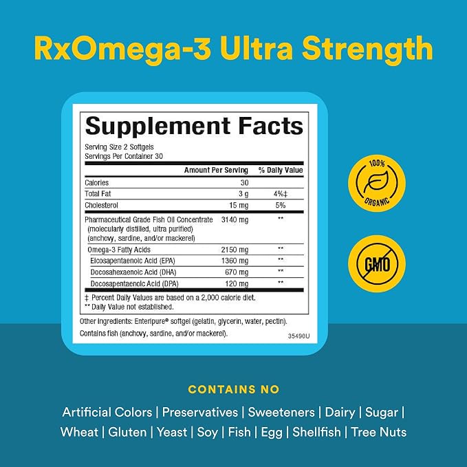 Natural Factors RxOmega-3 Ultra Strength - Brain & Heart Health Support - Eye Health Supplement with EPA & DHA - Supplement with Omega-3 Fatty Acids - 60 Softgels (30 Servings)