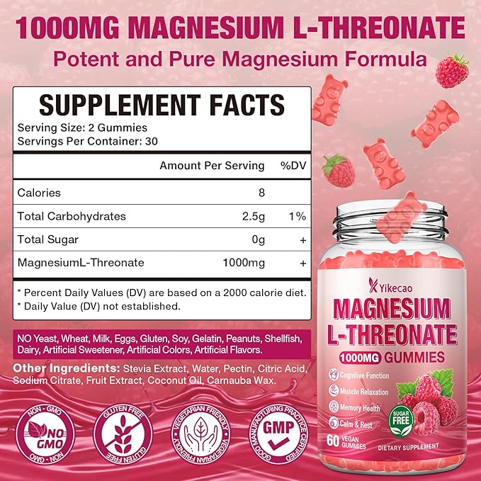 2 Pack Magnesium L-Threonate Gummies 1000mg, Sugar-Free Magnesium Threonate Supplement for Kids & Adults, Nervous & Muscle System Support, Non-GMO, Raspberry Flavor, 120 Count
