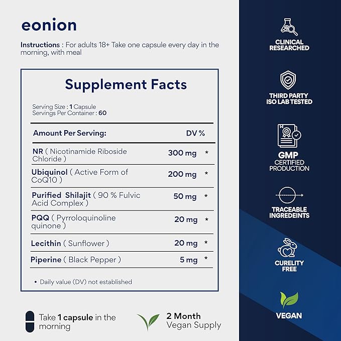 Advanced NAD+ Complex with 300mg NR + 200 mg Ubiquinol CoQ10 & 10 mg PQQ | Mitochondrial Support for Cellular Energy, Mental Clarity & Focus | Enhanced Bioavailability | 60 Capsules