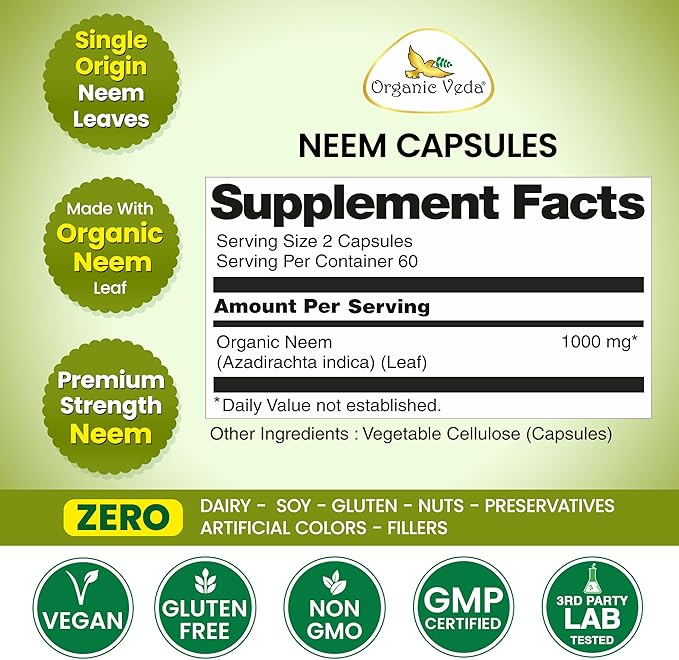 Organic Veda Neem Capsules – Herbal Supplement for Clear Skin, Immune & Gut Health For Men & Women - Single Origin True Green Neem Leaf Powder - Purifying & Cleansing Ayurveda Herb, 120 Vegan Capsules