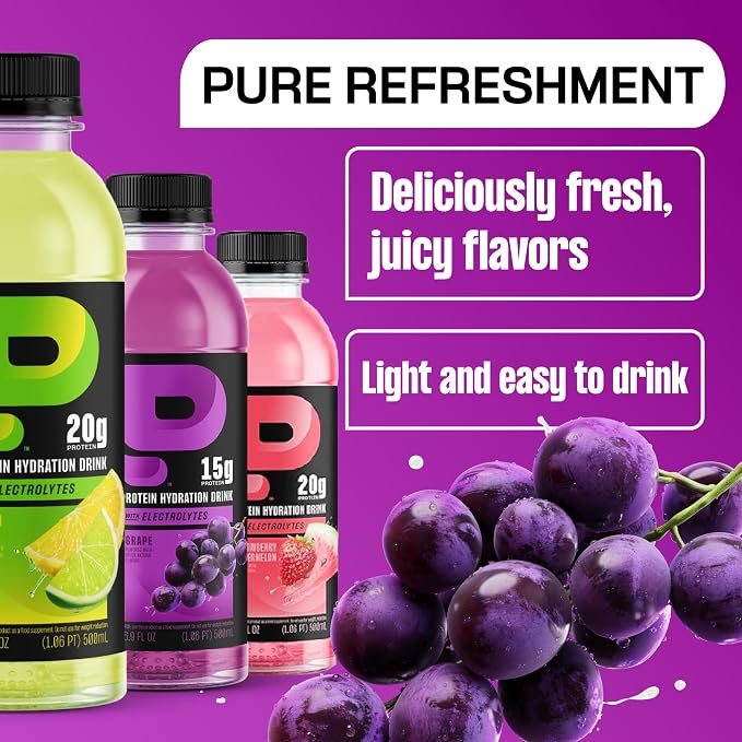 Protein2o 2-in-1 Clear Whey Protein & Electrolyte Beverage, 15g Protein, Gluten-Free, 16.9 fl oz Bottles, Grape (Pack of 24)