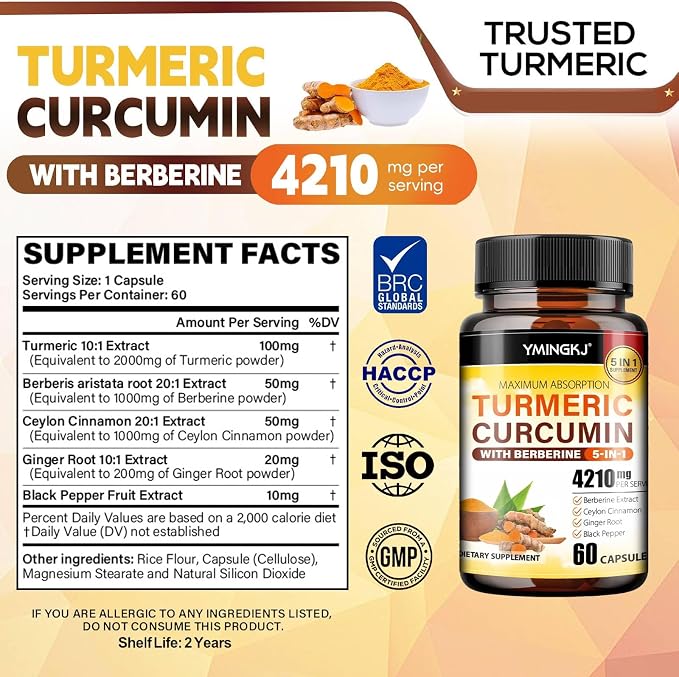 Turmeric Curcumin Supplement with Black Pepper & Bioactive Botanicals, Turmeric,Ginger, Berberine, Ceylon Cinnamon – Premium Supplement for Daily Wellness Support 60 Capsules