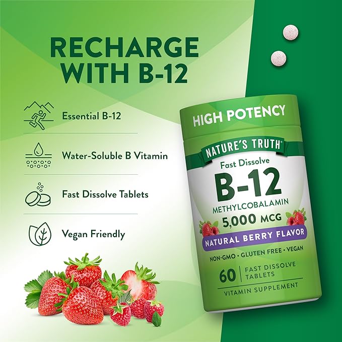 Nature's Truth B12 Vitamin 5000 mcg | 60 Tablets | Fast Dissolve Natural Berry Flavor | Vegan, Non-GMO & Gluten Free Supplement