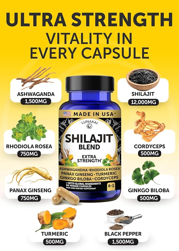 Lunakai USA Made Pure Shilajit Capsules with Ashwagandha, Rhodiola & Cordyceps - Extra Strength Shilajit Extract for Men & Women, 60ct