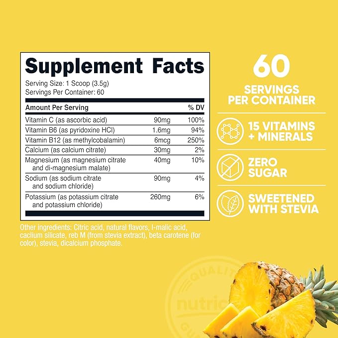 Nutricost Electrolytes Complex Powder (Pineapple Ice) 60 Servings - Advanced Hydration Complex, 7 Vitamins + Minerals, Zero Sugar, Sweetened with Stevia, Gluten-Free, GMO-Free
