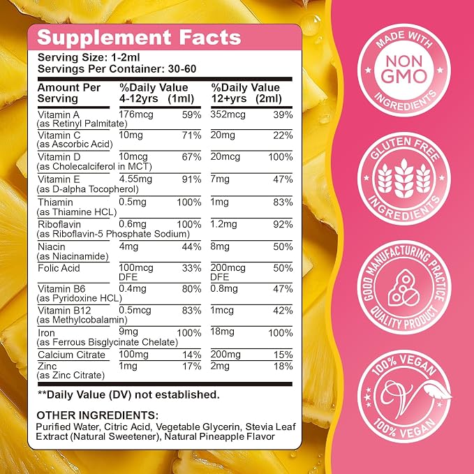 Liquid Iron Supplement for Kids, Women & Men - with Calcium, Zinc, Kids Multivitamin with Iron Drops - Blood Builder & Energy Support for Iron Deficiency, Anemia, Pineapple Flavor 2 Fl Oz