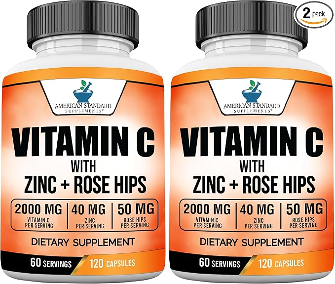 American Standard Supplements Vitamin C 2000mg, Zinc 40mg, and Rose HIPS 50mg Per Serving – Vegan, Gluten Free, Non-GMO (120 Count) (Pack of 2)