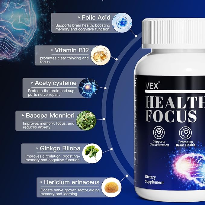 VEX Brain Supplements for Memory and Focus Contain Vitamin B12 folic Acid acetylcysteine Purslane Lion's Mane Mushroom and Ginkgo biloba extracts—for Brain Health 60 Capsules