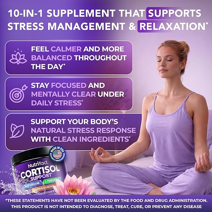 Cortisol Supplements for Women & Men - Vegan, Non-GMO, Made in USA Cortisol Reducer, Manager with Magnesium Ashwagandha L Theanine, Vitamin B Complex for Sleep Support - 60 Capsules