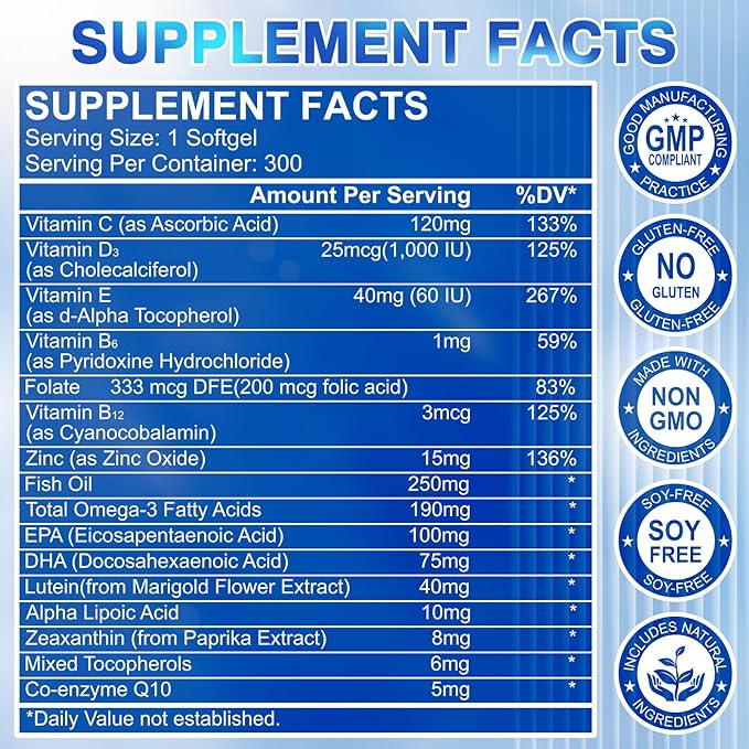 Lutein and Zeaxanthin Supplement - AREDS 2 Plus+ Eye Vitamins, 40 mg Lutein & 8 mg Zeaxanthin with Vitamins C, E, Zinc, Omega-3 & CoQ10 for Blue Light Protection, Eye Health Support  - 300 Softgels