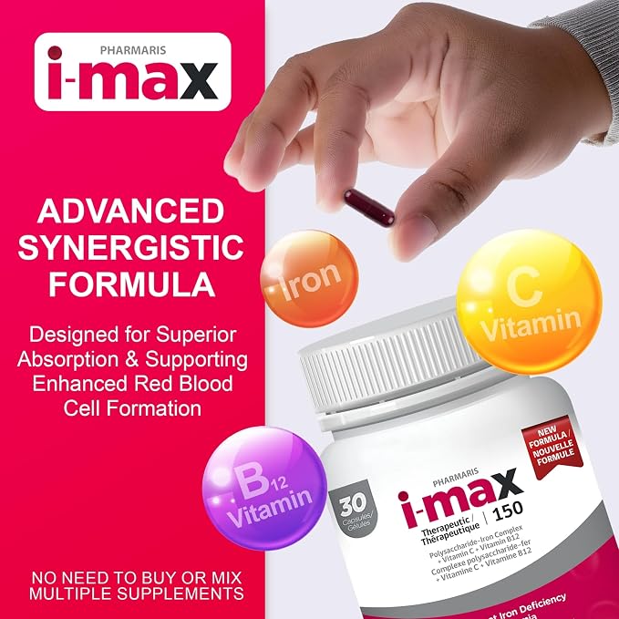 Pharmaris i-max Iron Supplement 150 mg, Vitamin C 250 mg & B12 1000 mcg, Iron Supplement for Women & Men, No Artificial Dyes, Vegan, Once Daily, 30 Capsules